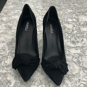 Vaneli Black Heels with Fringe Detail